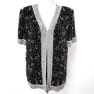 Vintage Laurence Kazer New York 100% Silk Beaded Short Sleeve Jacket XL EUC